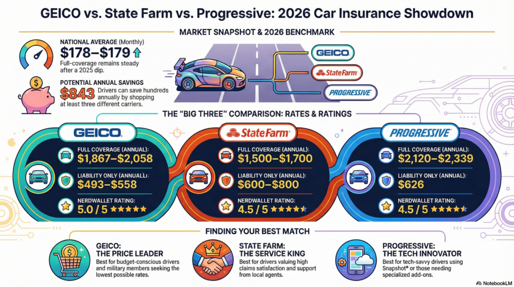 GEICO vs State Farm vs Progressive Car Insurance Rates Comparison February – March 2026